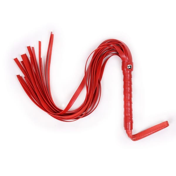Red 5-piece Be Naughty bondage set by Ideal Leather featuring handcuffs, collar, leash, and restraints for BDSM play.