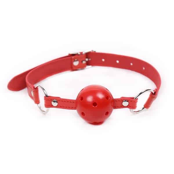 Red 5-piece bondage set from Ideal Leather featuring handcuffs, collar, leash, and restraints for BDSM play.