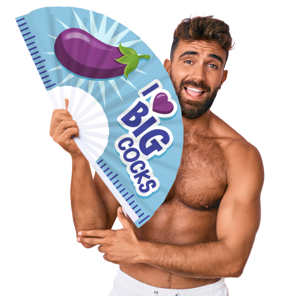 Luvland Fuck & Fist handheld fan featuring "I Love Big Cocks" slogan and a 64cm size, with colorful design and fan blades.