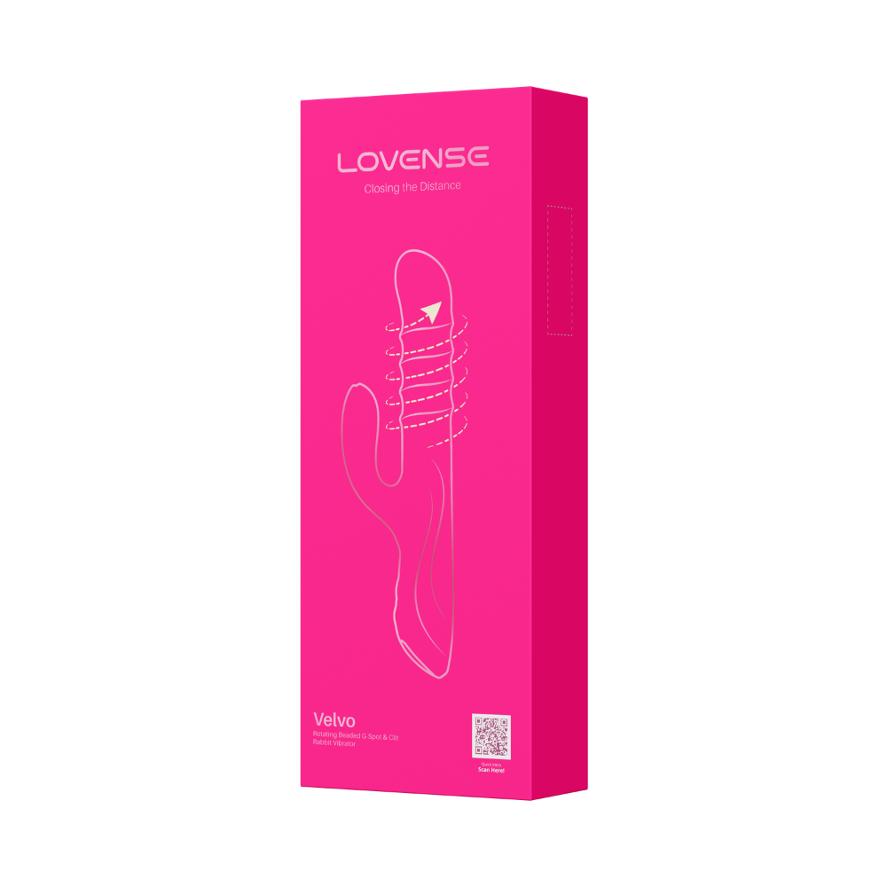 Lovense Velvo rotating beaded G-spot and clit rabbit vibrator with dual motors, flexible design, and textured beads for added pleasure.