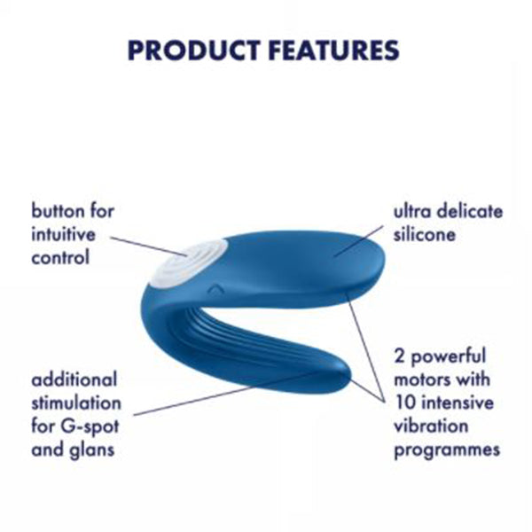 Blue Satisfyer Double Whale sex toy with dual stimulators and ergonomic design, featuring smooth silicone surface.