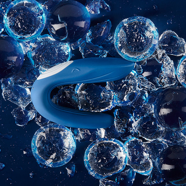 Blue Satisfyer Double Whale sexual wellness toy with dual stimulator design and ergonomic shape for enhanced pleasure.