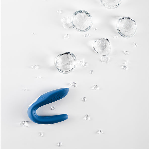 Blue Satisfyer Double Whale sexual wellness toy with dual stimulator, featuring smooth, curved design for intimate pleasure.