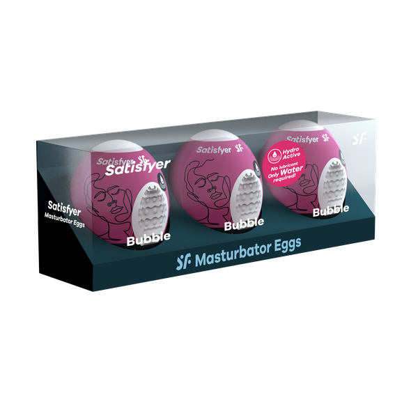 Set of three Satisfyer Masturbator Eggs with bubble texture, compact and discreet adult pleasure toys for intimate use.
