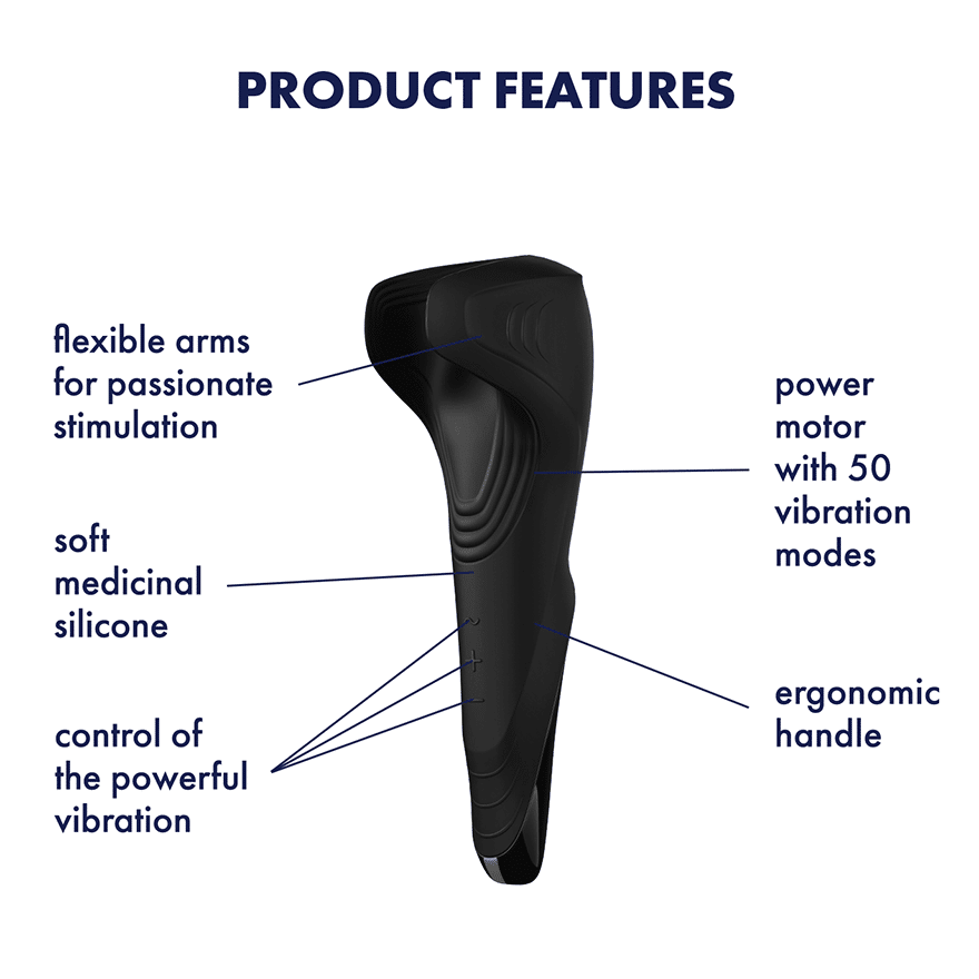 Black Satisfyer Men Wand sexual wellness device with ergonomic design and textured surface for targeted stimulation.