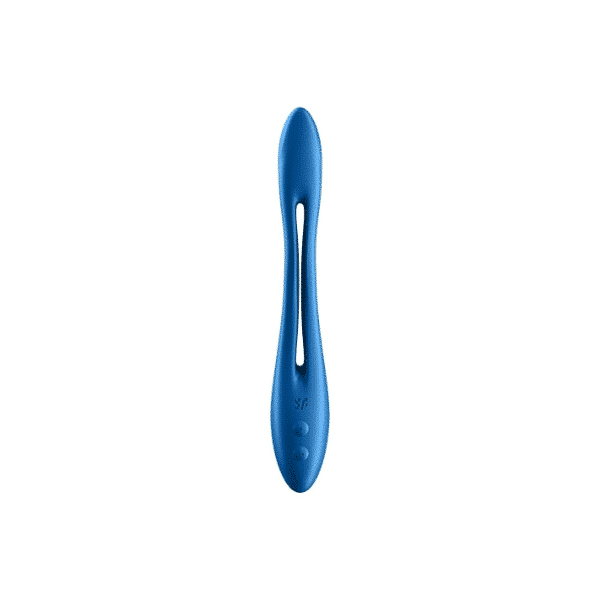 Dark blue Satisfyer Elastic Game sex toy with textured design, made for intimate pleasure and ergonomic use.