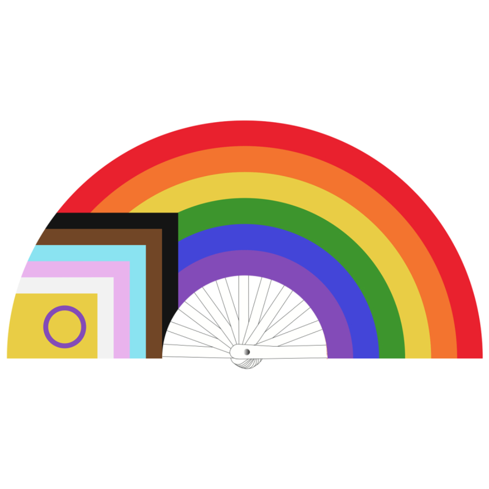 Colorful rainbow handheld fan from Luvland with "Fuck & Fist" design, 64cm LGBTQIA+ pride accessory, vibrant and eye-catching.