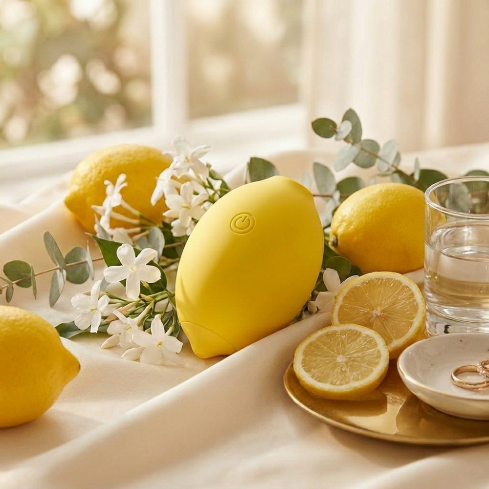 Luvland Lemon 10 Function Rechargeable Yellow multi-tool with various attachments, displayed on a white background.