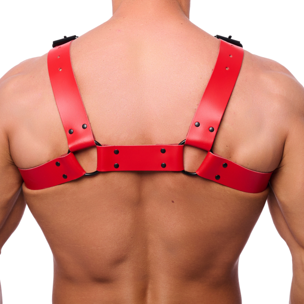 Red leather Bulldog harness by Luvland featuring adjustable straps and metal hardware, designed for comfortable bondage play.