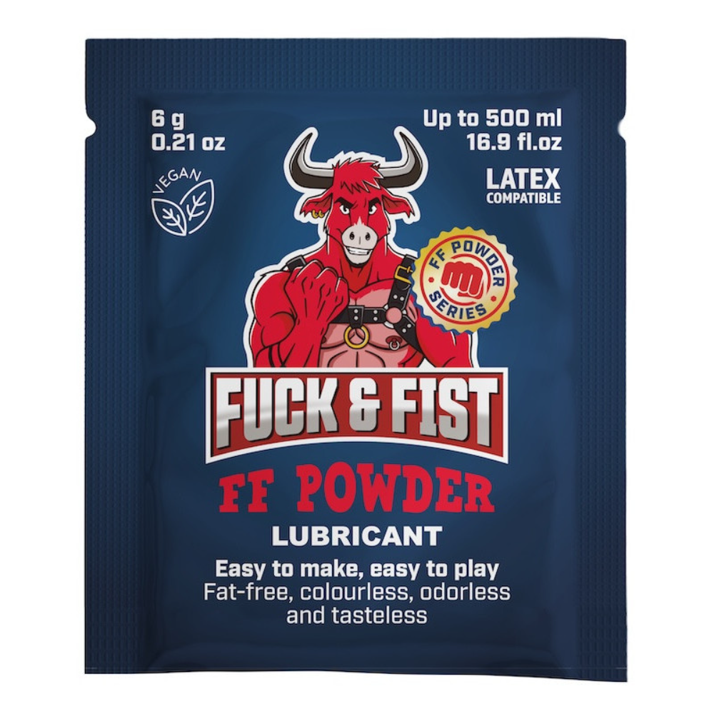 Luvland Fuck & Fist Ff Powder in a container, designed for intimate use, with a sleek label and product details visible.