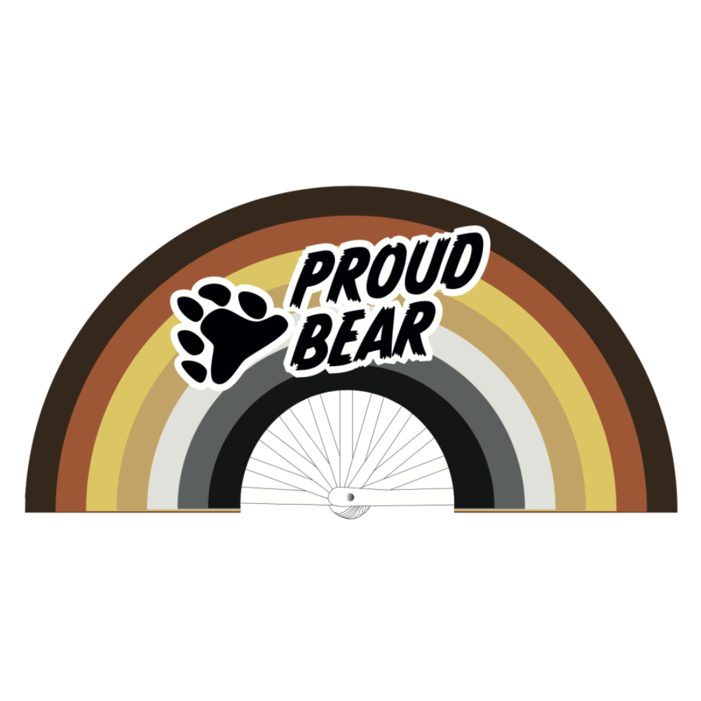 Luvland Fuck & Fist handheld fan featuring a Proud Bear design, 64cm size, with colorful graphic artwork.