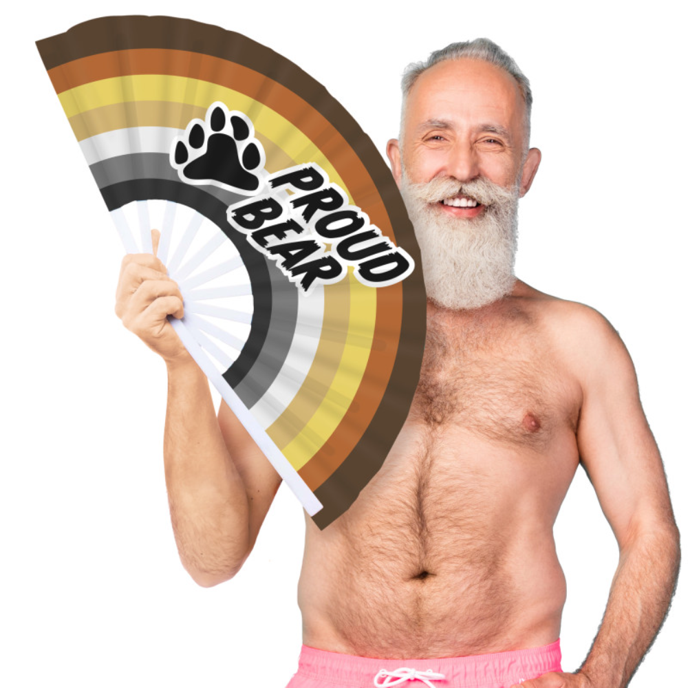 Luvland Fuck & Fist handheld fan featuring a proud bear design, 64cm size, with vibrant colorful artwork.