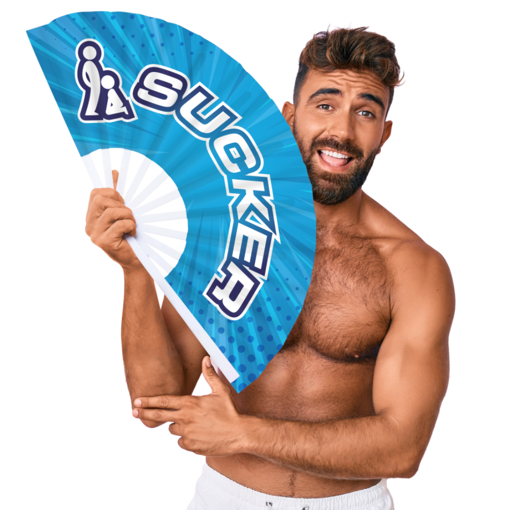 Luvland Fuck & Fist handheld fan with a 64cm sucker, featuring a detailed design and ergonomic handle for easy use.