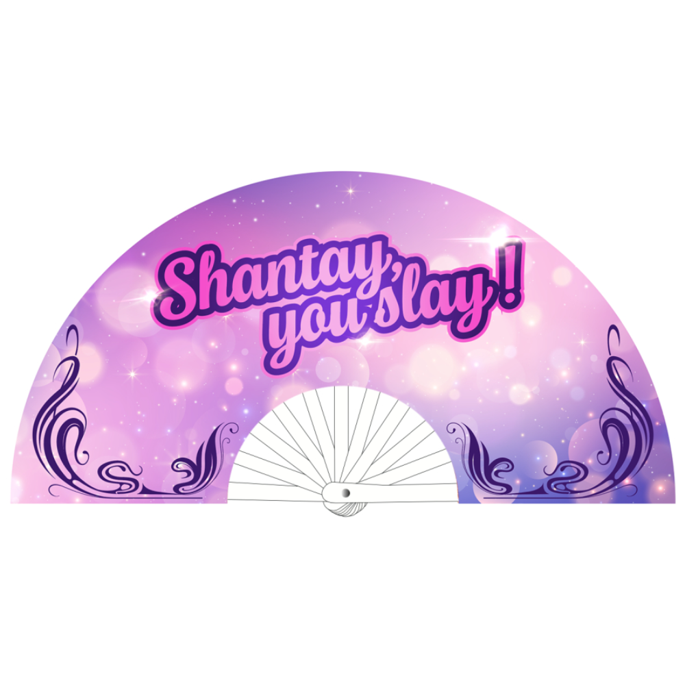 Luvland Fuck & Fist handheld fan with colorful graphic design and 64cm length, featuring bold text and vibrant artwork.