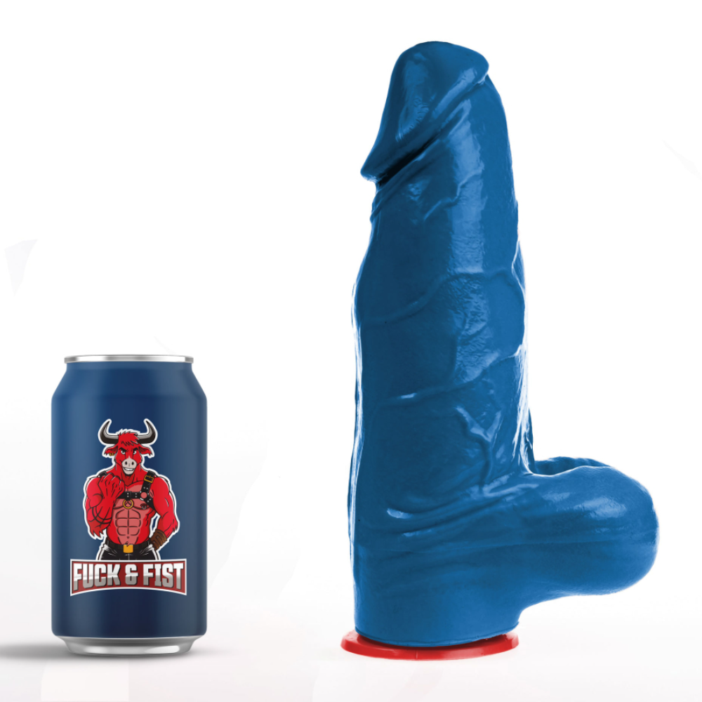Blue Fuck & Fist Freyer dildo with balls, 7.09 inches, made by Luvland, shown in detailed image highlighting texture and shape.