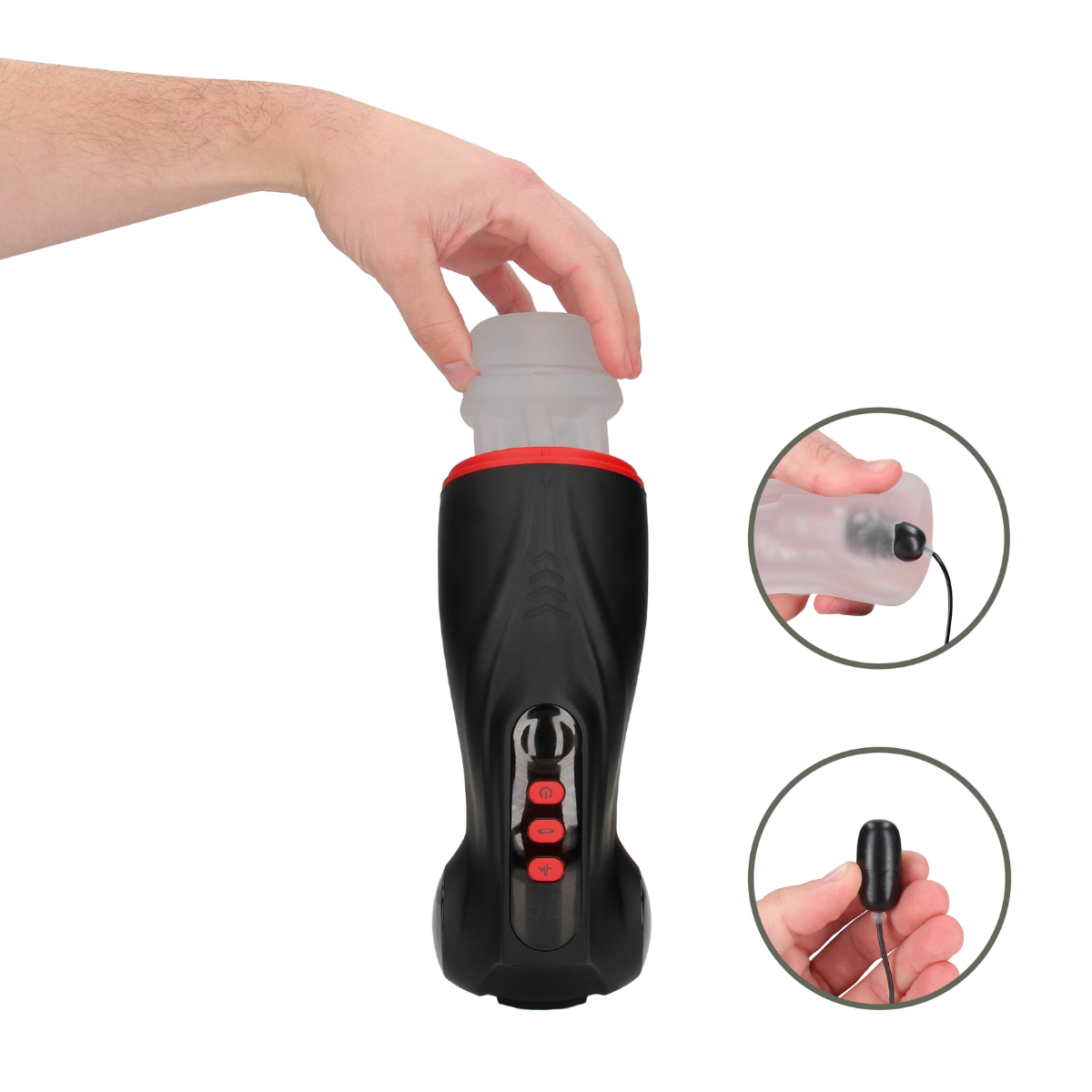 Shots Masturs Raven Shadow Sinner rechargeable vibrator shown with sleek black design and textured surface for enhanced sensation.