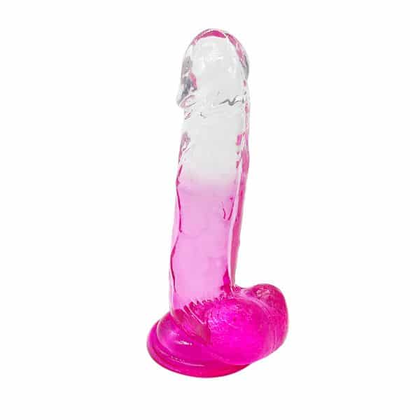 Pink and clear Luvland dildo with smooth, realistic design and textured details for enhanced pleasure.