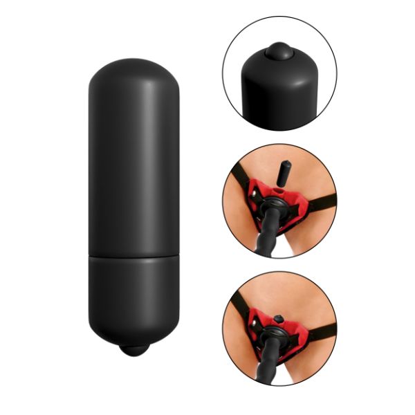 Black and red vibrating strap-on set from Pipedream's Fetish Fantasy Series, featuring adjustable straps and a vibrating dildo.