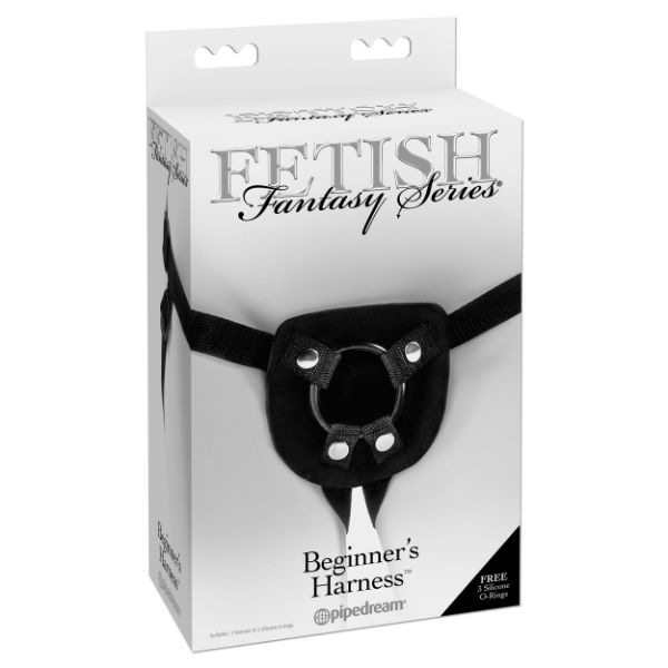 Pipedream Fetish Fantasy Series beginners harness with three O-rings, adjustable straps, and black leather-like material.