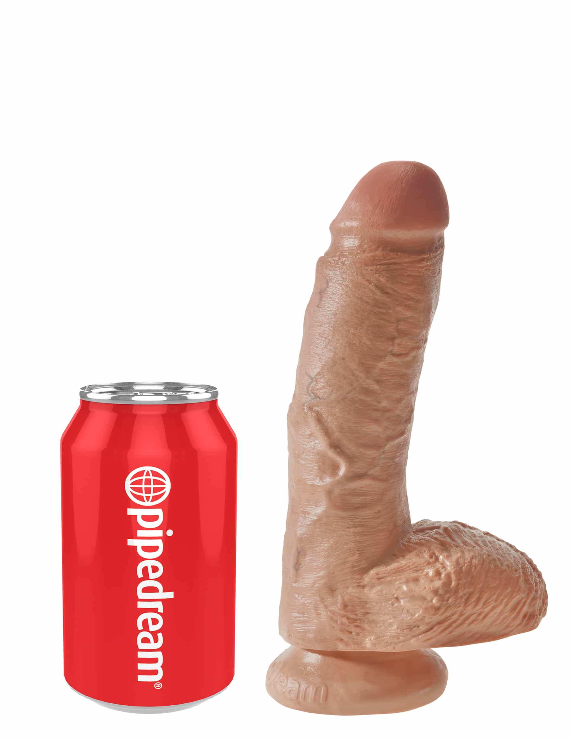 Tan King Cock 8-inch dildo with balls from Pipedream, realistic design and textured surface for adult pleasure.