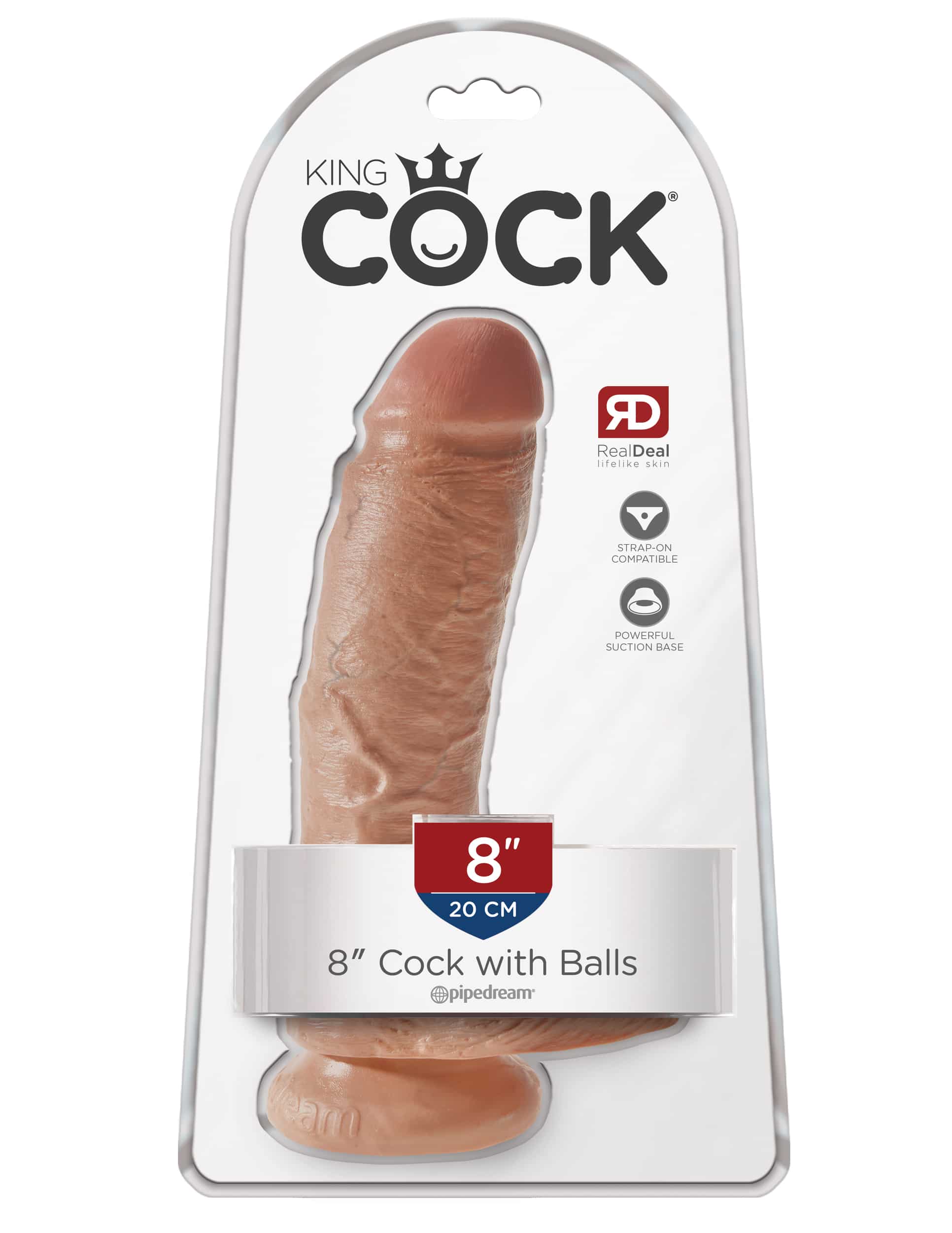 Tan King Cock 8-inch dildo with balls by Pipedream, realistic silicone texture and detailed design for adult pleasure.