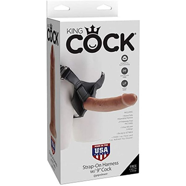 Tan King Cock strap-on harness with 6-inch dildo from Pipedream, featuring adjustable straps and realistic details.