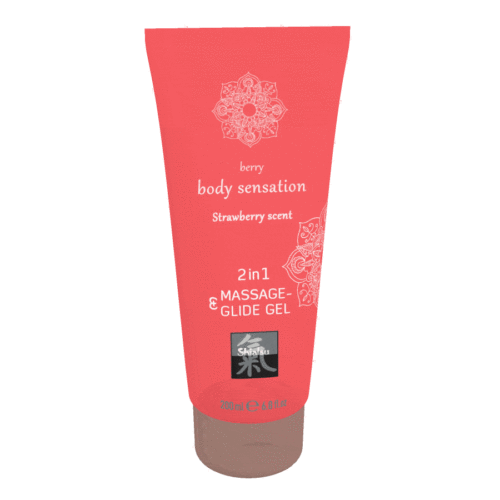 HOT Shiatsu 2-in-1 massage and glide gel with strawberry scent, 200ml, shown in a clear container with a smooth gel texture.