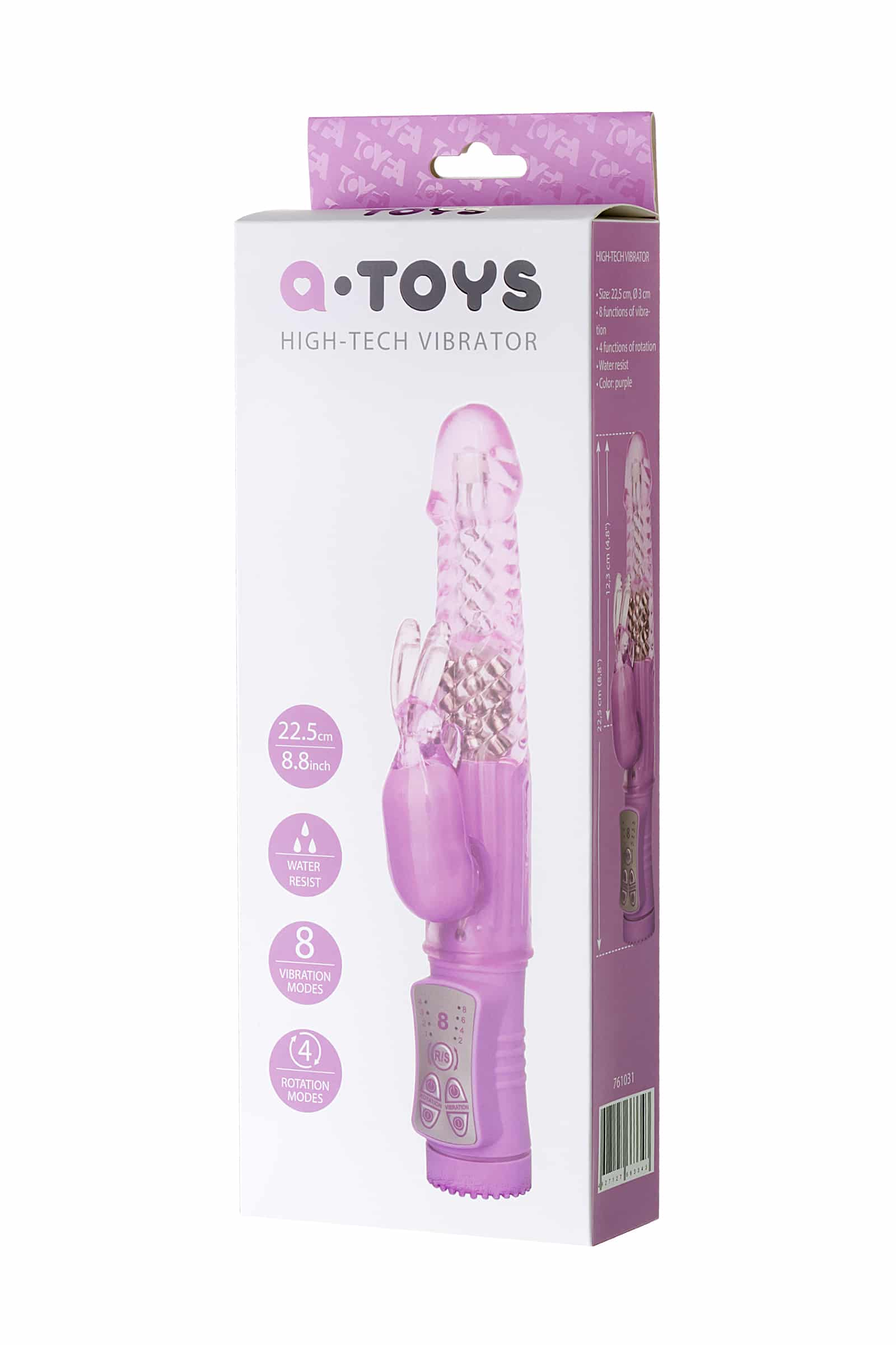Pink Toyfa high-tech rabbit vibrator, 22.5cm, with ergonomic design and detailed features, suitable for adult pleasure use.