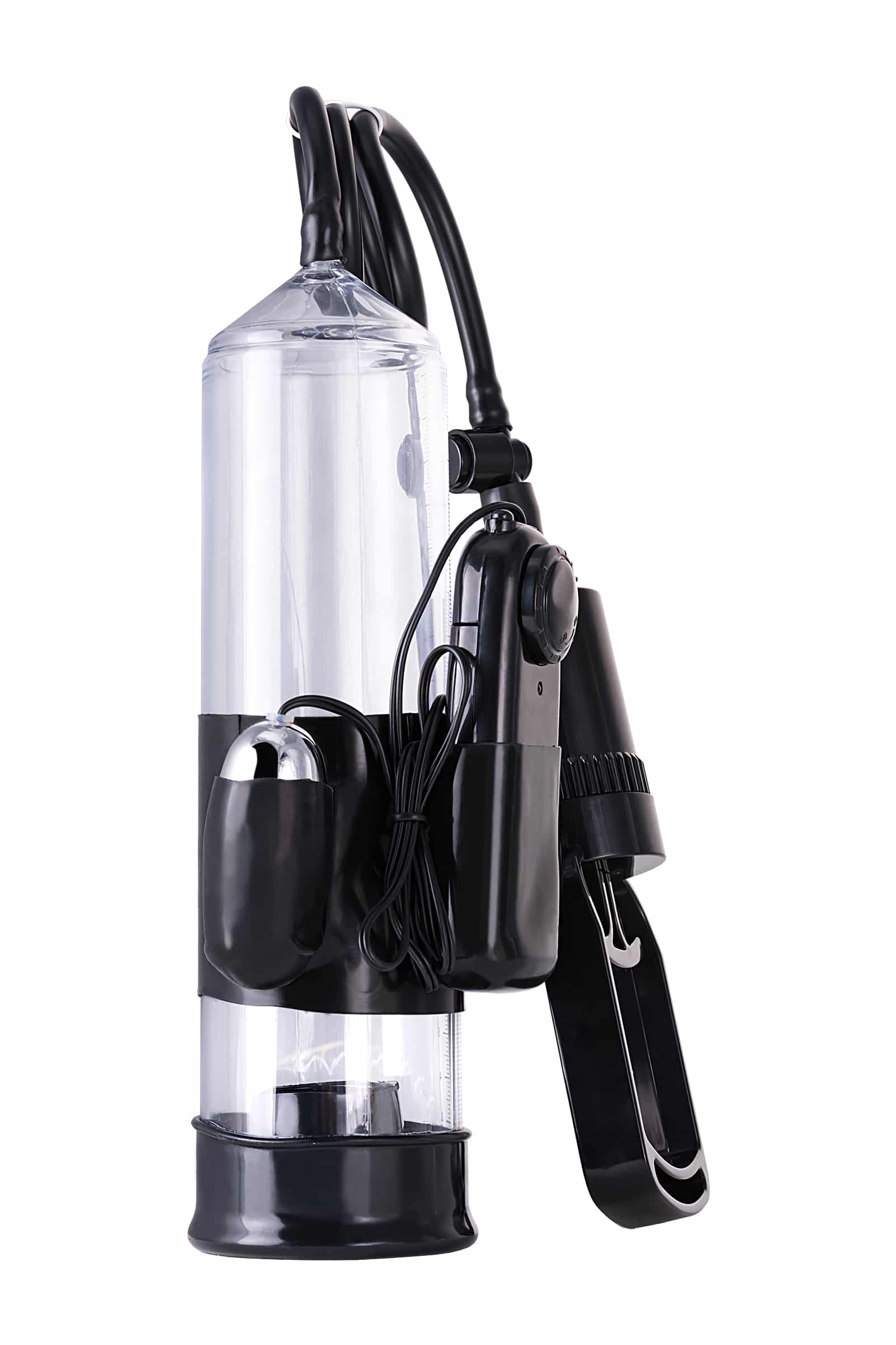 Toyfa Coal Penis Pump with vibrating bullet, transparent silicone cylinder and flexible hose for enhanced stimulation.