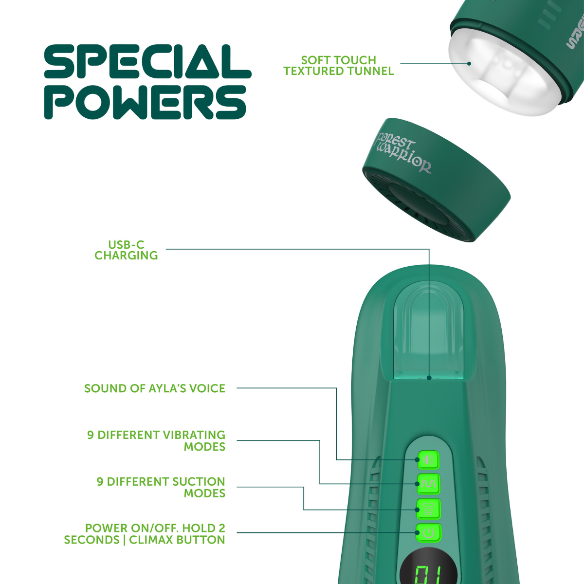 Shots Masturs Ayla Forest Warrior Rechargeable vibrator with textured surface and ergonomic design, suitable for personal pleasure use.