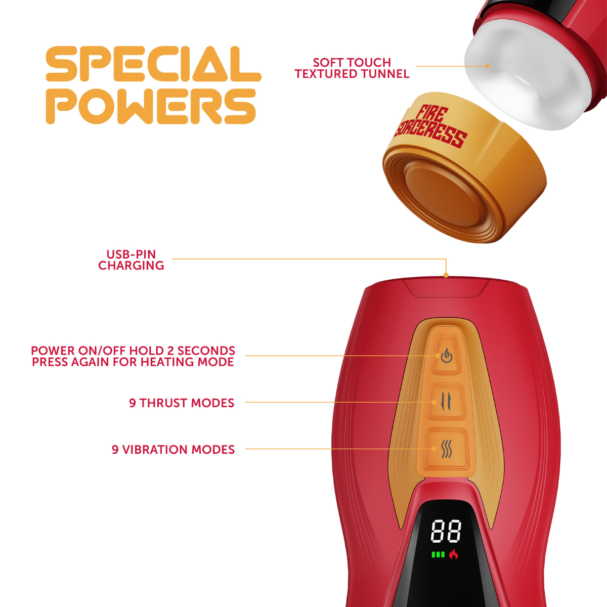 Shots Masturs Solara Fire Sorceress Rechargeable vibrator with sleek design and textured surface for enhanced pleasure.