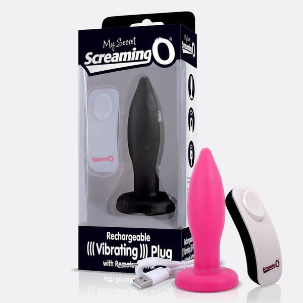 Black Screaming O My Secret Screaming O remote vibrating plug, compact anal toy with remote control, designed for pleasure and stimulation.