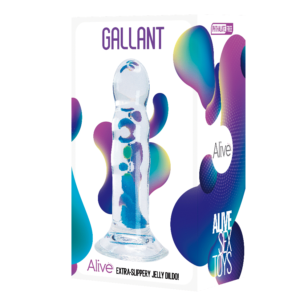 Clear Alive Gallant Jelly Dildo by Luvland, showing the realistic shape and smooth texture of the adult novelty product.