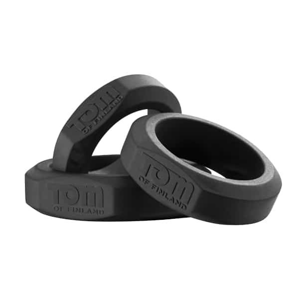 Black Tom Of Finland 3-piece silicone cock ring set by Luvland, featuring flexible, snug-fitting rings for enhanced pleasure.