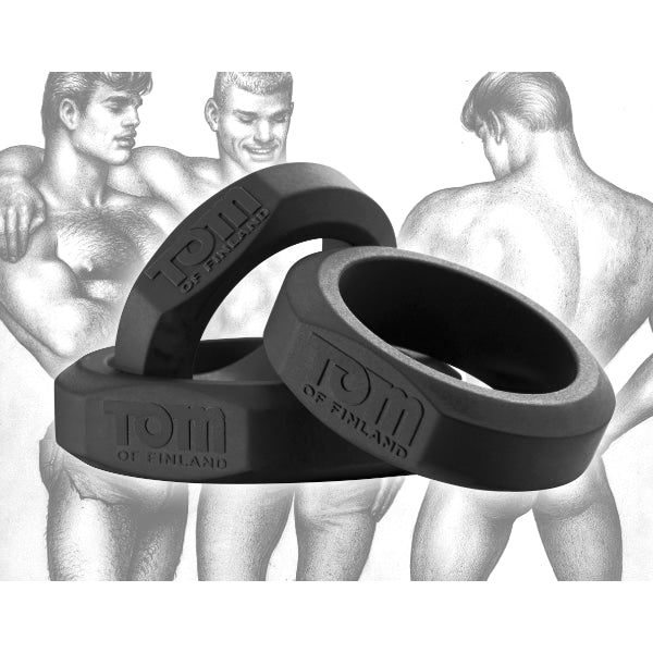 Black Tom Of Finland 3-piece silicone cock ring set by Luvland, featuring adjustable, stretchy rings for enhanced pleasure.