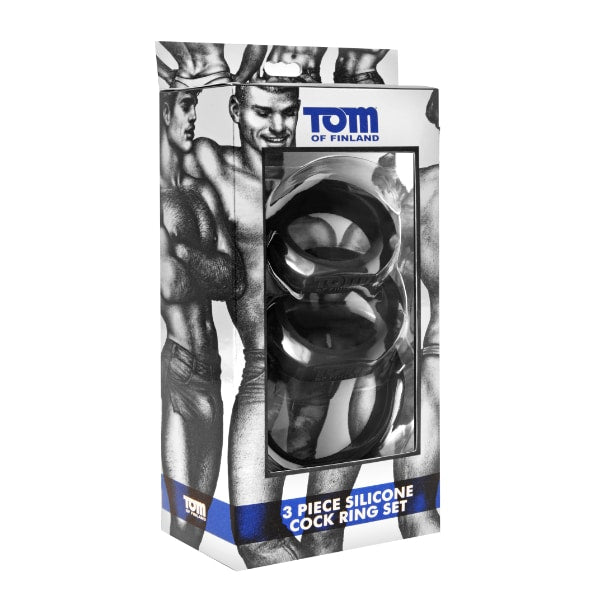 Black Tom Of Finland 3-piece silicone cock ring set by Luvland, featuring different sizes for enhanced pleasure and fit.