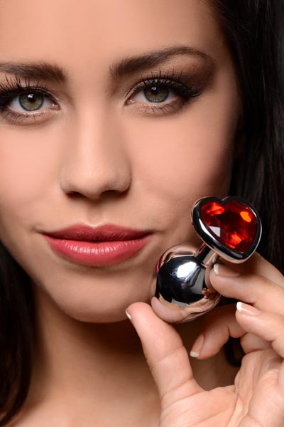 Luvland Booty Sparks Red Heart Gem small anal plug with 1-inch diameter, featuring a heart-shaped gem and smooth metal finish.