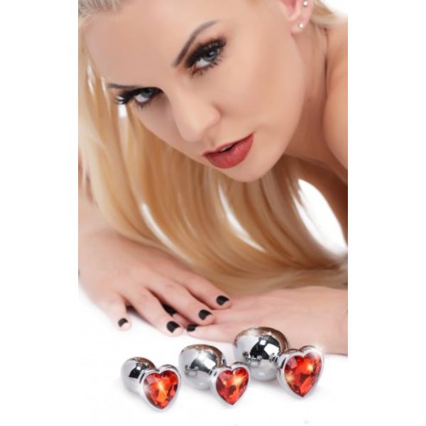 Luvland Booty Sparks Red Heart Gem Anal Plug Set with sparkling heart-shaped gems and smooth silicone material.