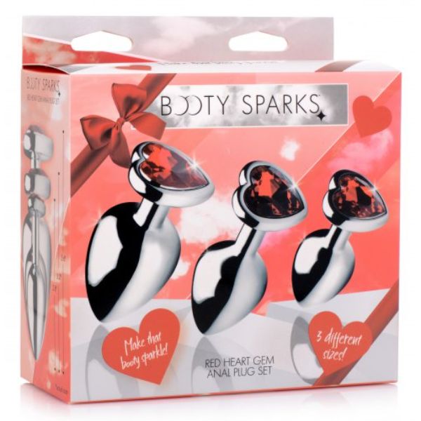 Luvland Booty Sparks Red Heart Gem Anal Plug Set featuring heart-shaped gem accents and multiple sizes for comfortable wear.