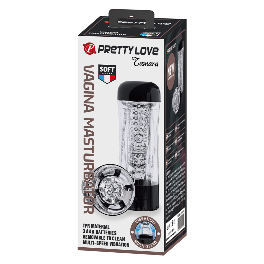 Pretty Love Tamara vagina masturbator in clear silicone, showing textured internal canal and realistic design.