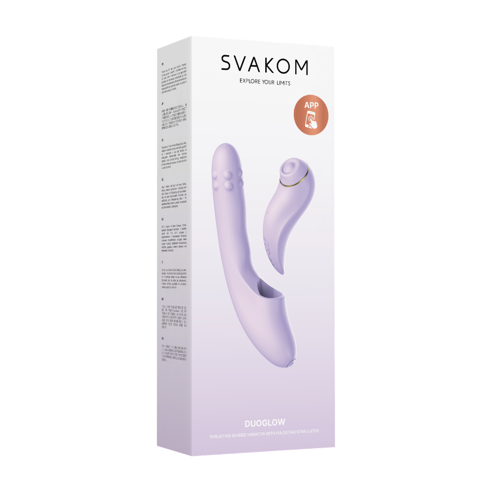 Sakom Duoglow Pastel Lilac, a sleek pastel purple personal massager with smooth curves, shown on a white background.