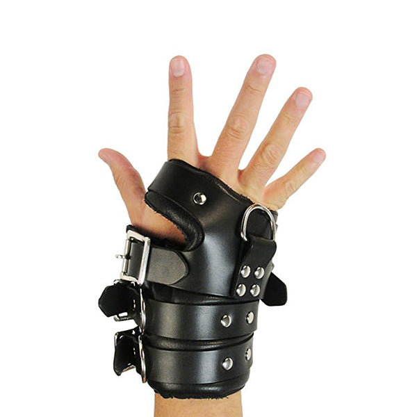 Luvland four-buckle suspension cuffs made of durable leather with metal buckles for secure bondage restraint.