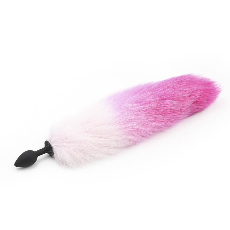 Pink and white 45cm tail with butt plug from Ideal Leather, featuring realistic fur and smooth silicone insert.