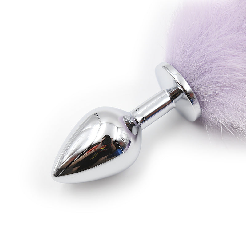 Purple and white 46cm leather tail with metal butt plug from Ideal Leather, displayed on a plain background.