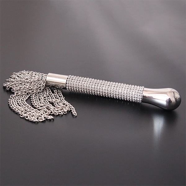 Steel flogger from Ideal Leather with multiple leather strands and a sturdy handle, designed for BDSM play and sensation.