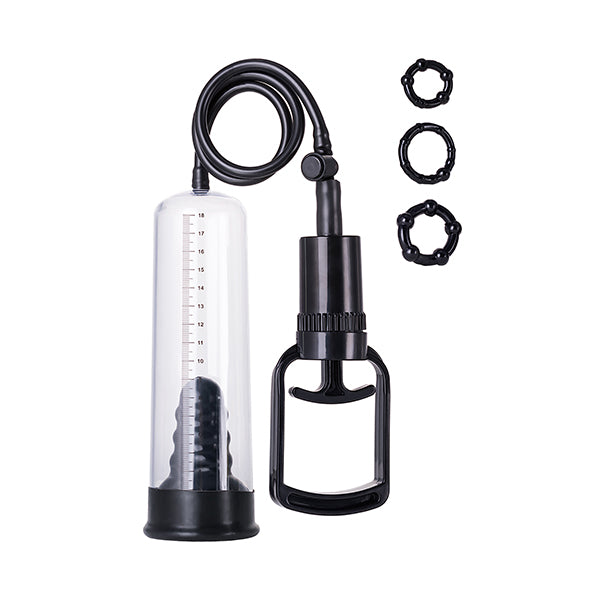 Toyfa Crow 20.5cm penis pump showing clear cylindrical chamber with adjustable valve and ergonomic handle for easy use.