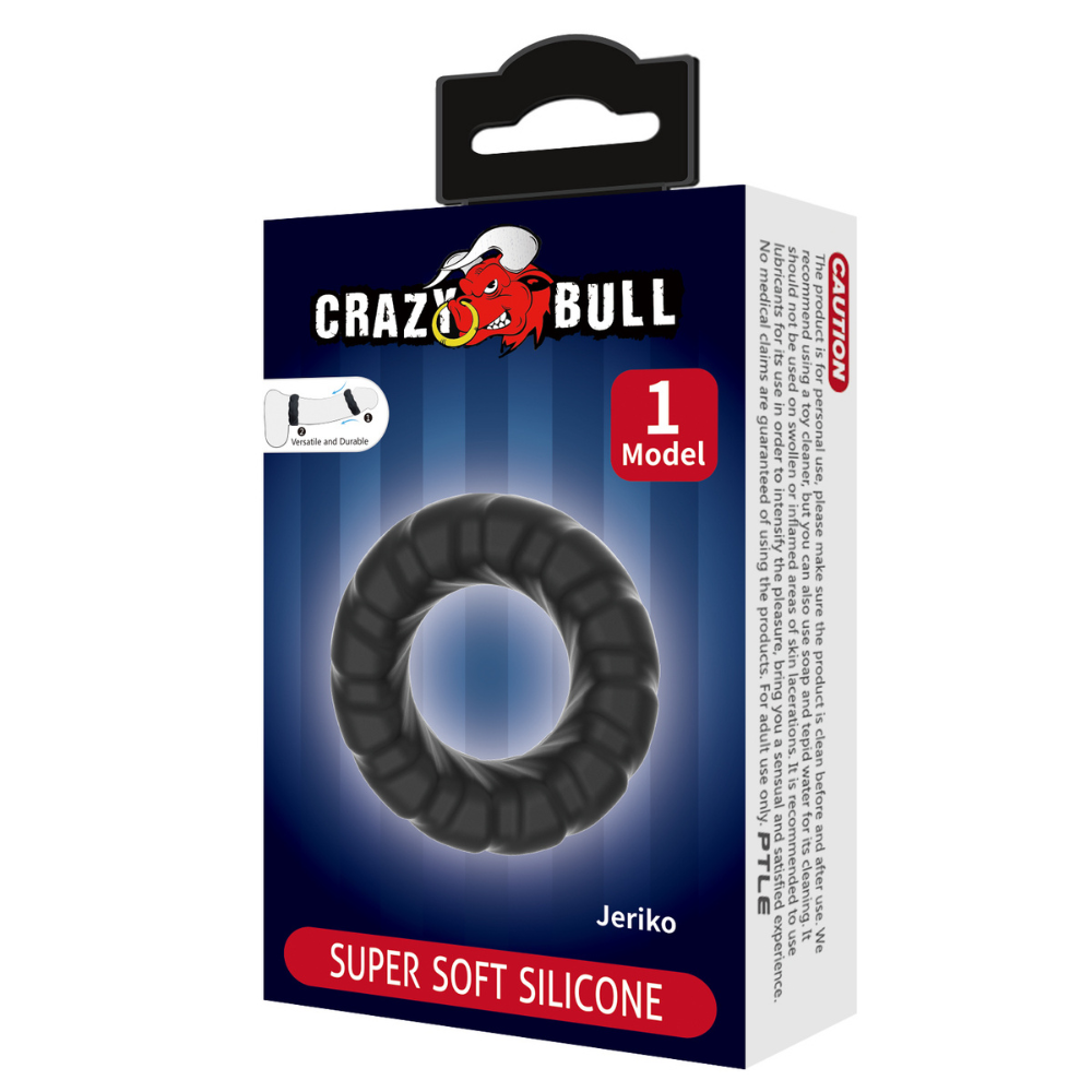 Black Crazy Bull Jeriko cockring by Luvland, showcasing a smooth, stretchy silicone design for enhanced intimacy and comfort.