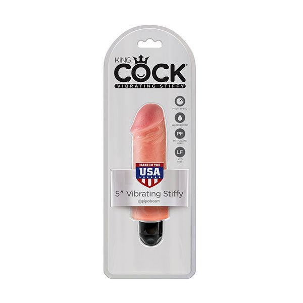 Flesh-colored King Cock vibrating stiffy from Pipedream, showing a 5-inch realistic dildo with vibrating feature.