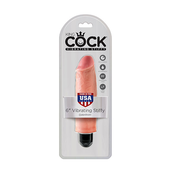 Flesh-colored King Cock 6-inch vibrating Stiffy by Pipedream, featuring realistic details and a vibrating mechanism.