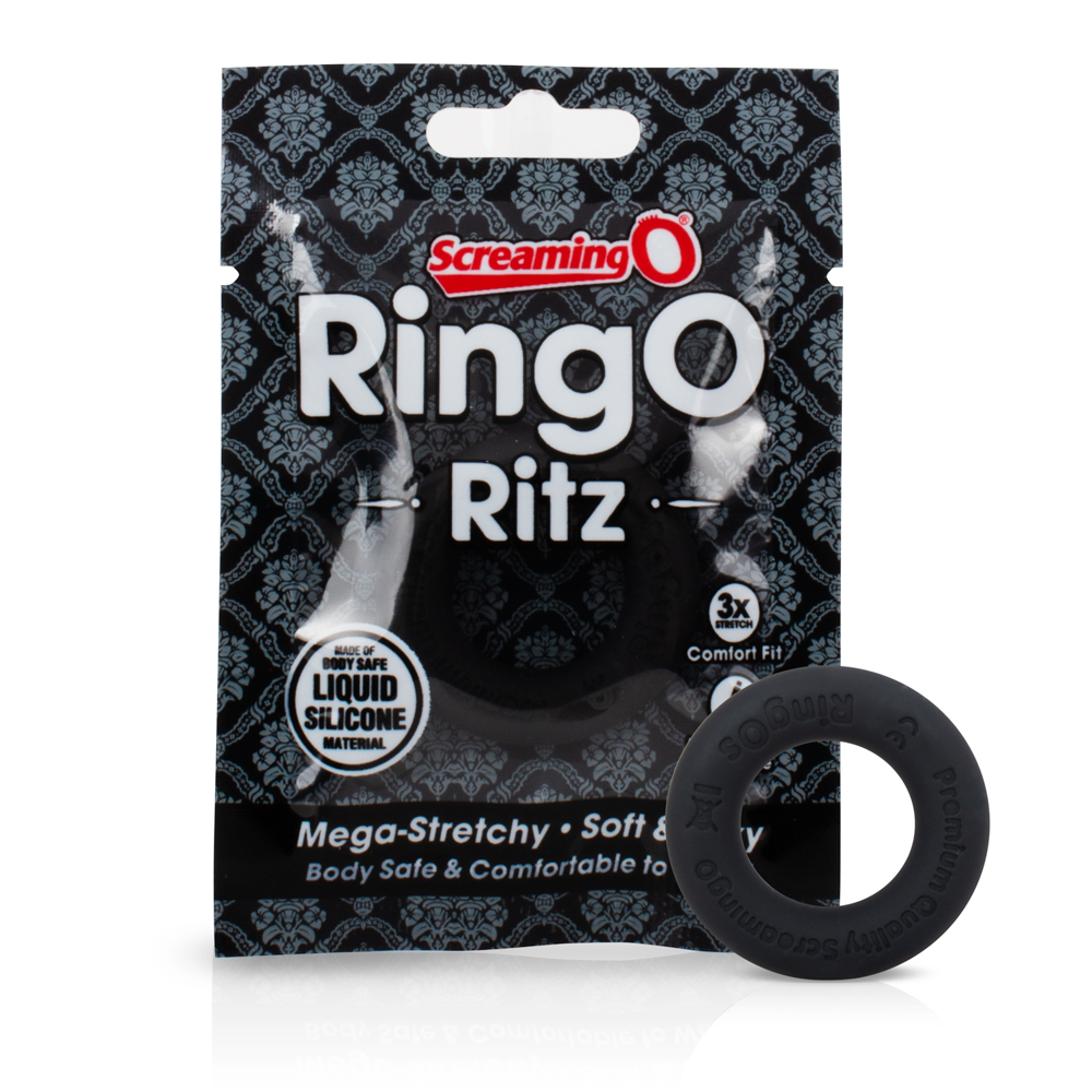 Close-up of Screaming O RingO Ritz vibrating cock ring with textured surface and sleek black design, showcasing its compact, ergonomic shape.